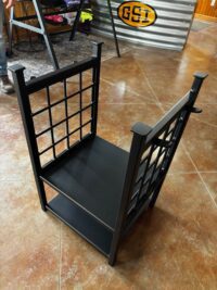 Black wooden lattice magazine rack with shelf Upside-down black lattice side table on floor